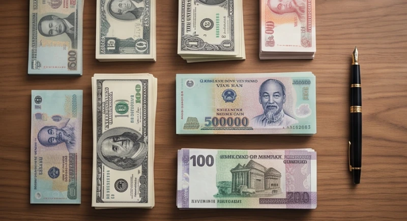Những xấp tiền nhiều mệnh giá được sắp xếp gọn gàng trên bàn gỗ cùng với một chiếc bút máy cổ điển