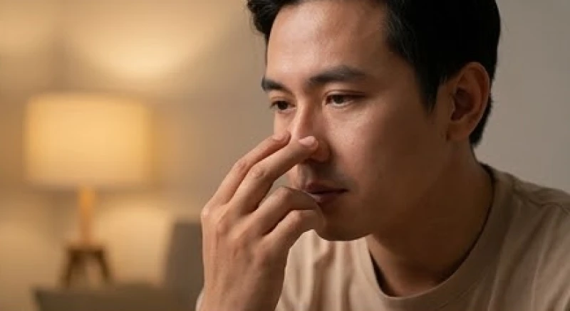 Người đàn ông Việt Nam đang xoa nhẹ vùng mũi trong lúc suy nghĩ về điềm báo