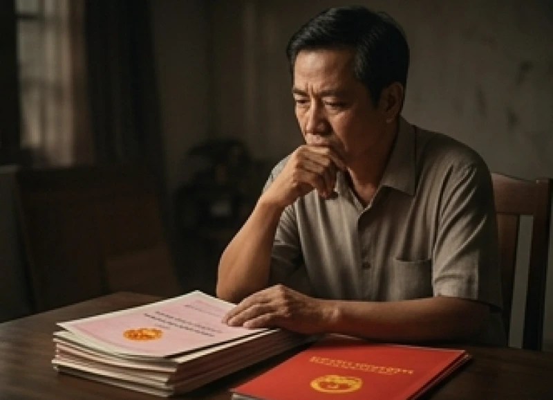 Mơ thấy bán đất: Điềm báo tài chính, tâm lý và bộ số may mắn 1 Hình ảnh người đàn ông trầm ngâm bên sổ đỏ tượng trưng cho giấc mơ thấy bán đất