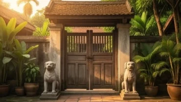 Cặp tượng chó đá đứng canh gác cổng nhà truyền thống thể hiện ý nghĩa con chó trong văn hóa phong thủy