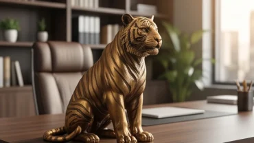 Tượng hổ bằng đồng mạ vàng đặt trang trọng trên bàn làm việc thể hiện ý nghĩa con hổ trong văn hóa phong thủy