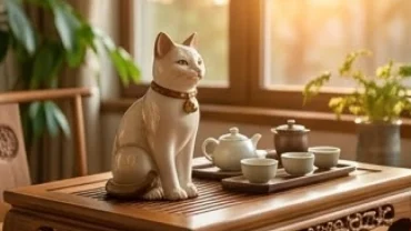 Tượng mèo bằng gốm sứ đặt trang trọng trên bàn trà gỗ thể hiện ý nghĩa con mèo trong văn hóa phong thủy