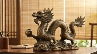 Tượng rồng bằng đồng nguyên khối uy nghi trên bàn làm việc thể hiện ý nghĩa con rồng trong văn hóa phong thủy
