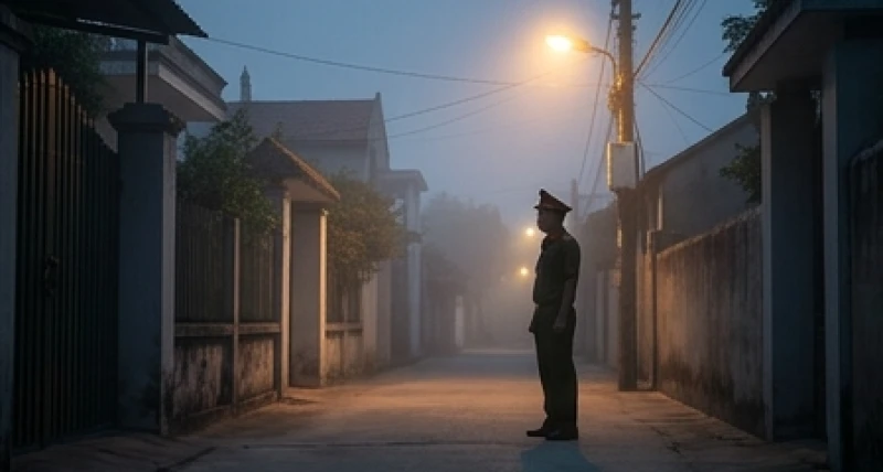 Bóng dáng người công an đang làm nhiệm vụ gác cổng với vẻ mặt nghiêm nghị tạo cảm giác an toàn và ổn định