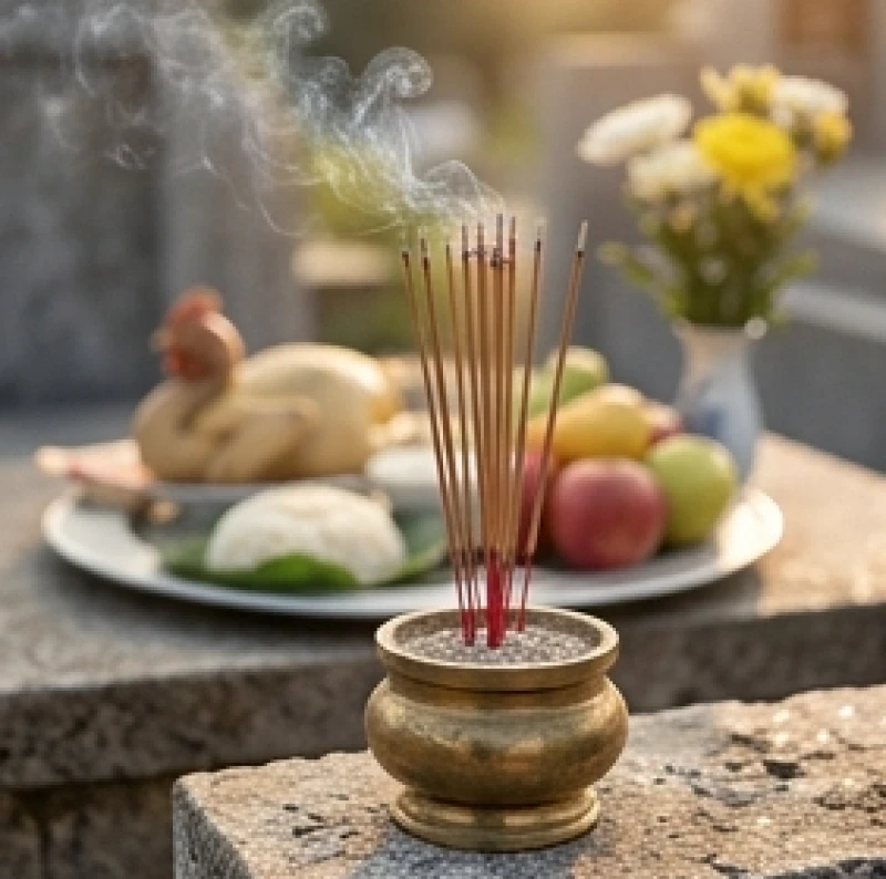 Văn khấn 100 ngày ngoài mộ: Bài cúng chuẩn và sắm lễ bài bản 2 Khói nhang tỏa nhẹ trên mâm cỗ cúng 100 ngày ngoài phần mộ thể hiện sự thương nhớ tổ tiên