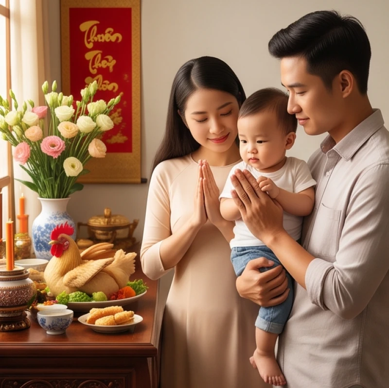 Văn khấn thôi nôi bé trai: Toàn văn đầy đủ danh xưng và cách sắm lễ 1 Bố mẹ bế bé trai chắp tay làm lễ trước mâm cúng tạ ơn thần linh và 12 Bà Mụ