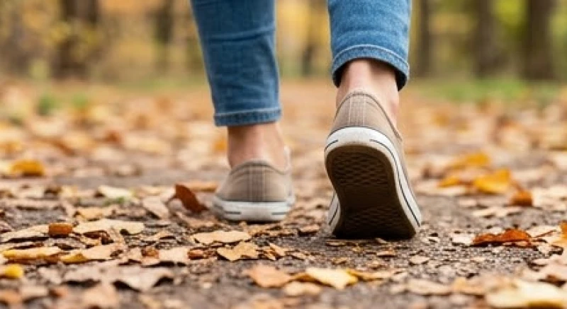 Đôi chân bước đi trên con đường ngập lá vàng rụng gợi nhắc về những chuyến đi xa