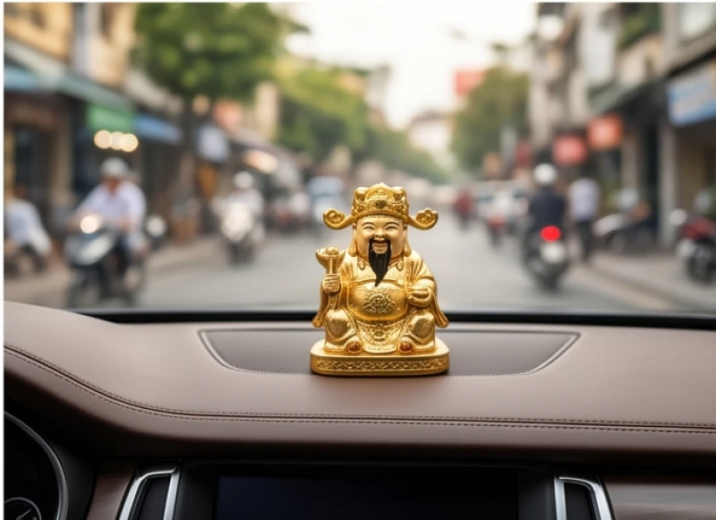 Tượng thần tài gật gù mạ vàng được đặt trang trọng trên bảng điều khiển xe ô tô sang trọng