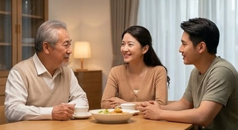 Cuộc trò chuyện vui vẻ giữa anh rể và em gái vợ cùng em trai vợ trong một buổi họp mặt gia đình dịp cuối tuần
