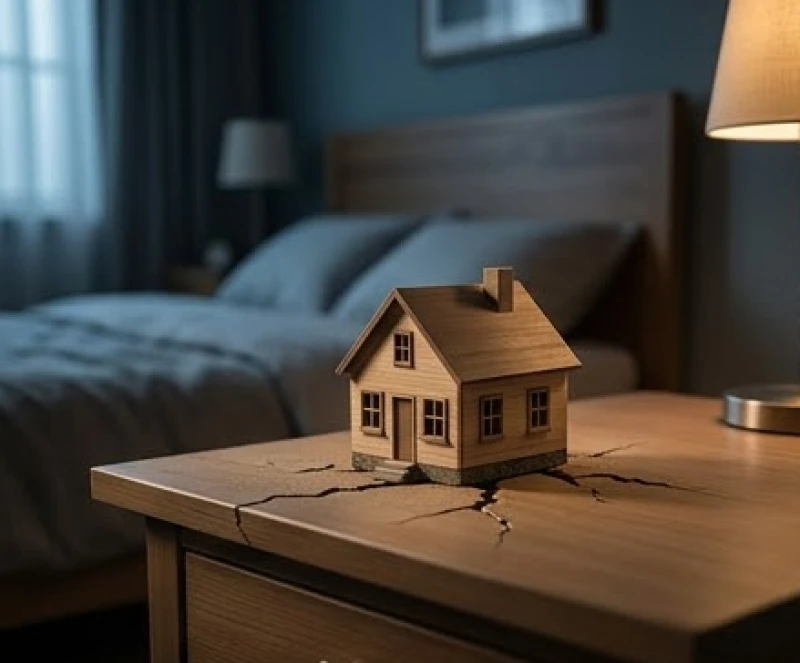 Mơ thấy động đất: Giải mã điềm báo và góc nhìn tâm lý 1 Mô hình ngôi nhà gỗ nhỏ trên mặt đất nứt nẻ, tượng trưng cho những thay đổi và biến động khi giải mã giấc mơ động đất