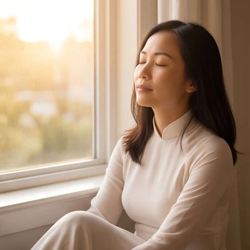 Mơ thấy em bé chết: Điềm báo bối cảnh & cách xả xui lo âu 1 Người phụ nữ ngồi thiền nhẹ nhàng bên cửa sổ đón ánh nắng mai để xua tan những năng lượng cũ kĩ