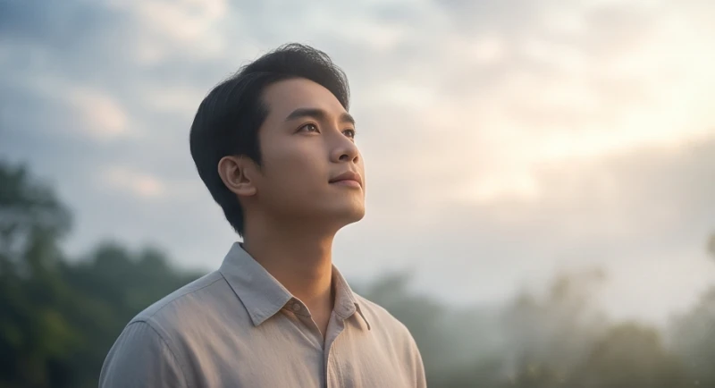 Chàng trai trẻ Việt Nam đang ngước nhìn bầu trời trong một bối cảnh mơ màng tĩnh lặng