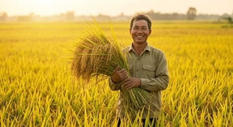 Mơ thấy mình đi gặt lúa điềm báo gì: Giải mã tâm lý & số may mắn 1 Người nông dân mỉm cười ôm bó lúa chín vàng óng ả trên cánh đồng mênh mông trong ánh nắng mai