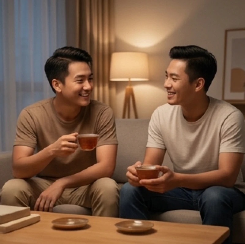 Mơ thấy anh trai chết là điềm gì: Giải mã bối cảnh & bộ số 2 Hai anh em trai đang ngồi trò chuyện vui vẻ tại phòng khách tượng trưng cho sự gắn kết gia đình