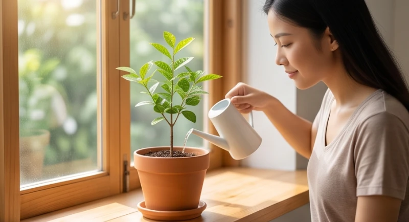 Người phụ nữ trẻ đang chăm sóc một chậu cây non xanh tốt bên cửa sổ tượng trưng cho ý nghĩa giấc mơ mang thai