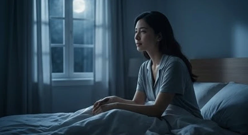 Người phụ nữ trằn trọc suy nghĩ sau khi tỉnh giấc vì nằm mơ thấy mèo đen trong đêm tối.