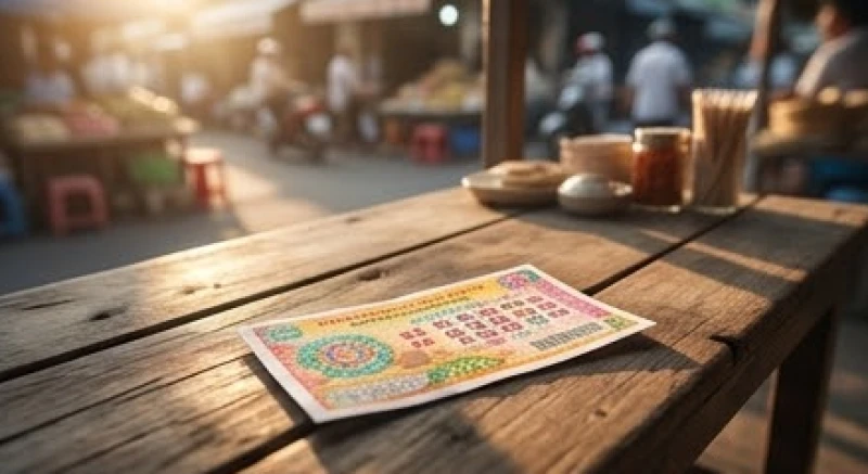 Tấm vé số kiến thiết Việt Nam đặt trên bàn gỗ dưới ánh sáng mặt trời dịu nhẹ