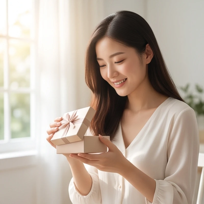 Người phụ nữ mỉm cười nhẹ nhàng khi mở nắp một hộp quà nhỏ nhắn trong không gian ngập tràn ánh sáng tự nhiên