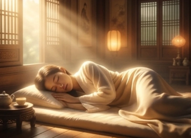 Người đang chìm trong giấc ngủ tĩnh lặng với hình ảnh ánh sáng ấm áp phản chiếu niềm tin vào Tam bảo