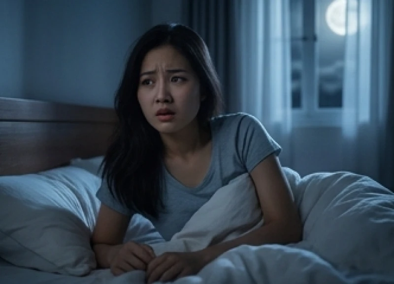 Một người phụ nữ đang thức giấc giữa đêm với khuôn mặt hoang mang sau giấc mơ rụng răng