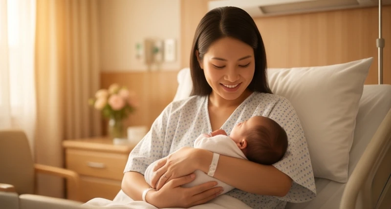 Mơ thấy người khác sinh con: Điềm báo và bảng số may mắn 1 Người phụ nữ hạnh phúc ôm trẻ sơ sinh đại diện cho sự tái sinh và những khởi đầu mới khi mơ thấy người khác sinh con