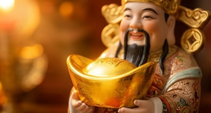 Bức tượng Thần Tài cầm thỏi vàng lấp lánh đại diện cho sự hanh thông trong giấc mơ thấy thần tài thổ địa