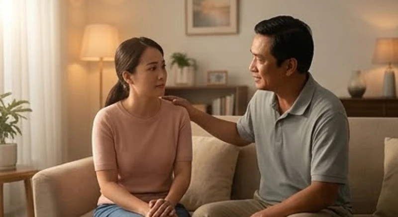 Người cha đang dịu dàng vỗ vai động viên con gái trong không gian ấm cúng dưới ánh đèn vàng