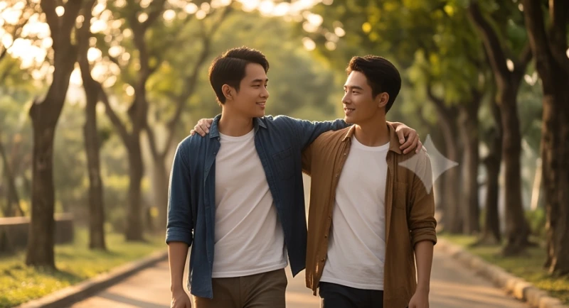 Hai người anh em khoác vai nhau bước đi trên con đường rợp bóng mát trong ánh hoàng hôn