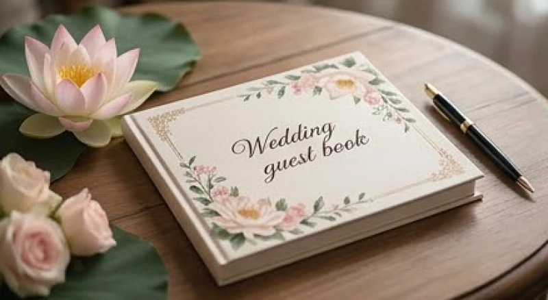 Cuốn sổ lưu bút đám cưới đặt trên bàn gỗ tượng trưng cho những ghi chép tâm lý về tình trạng hôn nhân