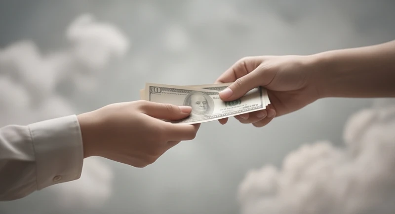 Bàn tay trao tiền trong một không gian mờ ảo tượng trưng cho sự san sẻ tài chính và những điềm báo mộng mị
