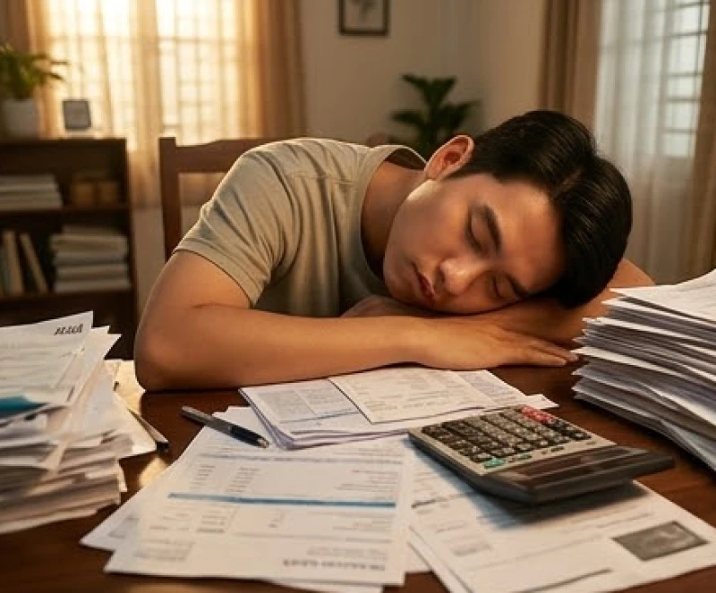 Chàng trai trẻ mệt mỏi ngủ gục trên bàn làm việc bên cạnh những hóa đơn chi tiêu hàng tháng