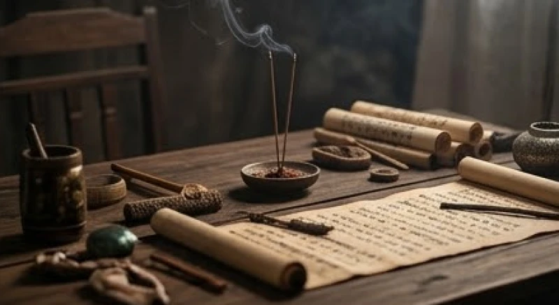 Không gian xem bói tâm linh với khói nhang mờ ảo và ánh sáng ấm áp