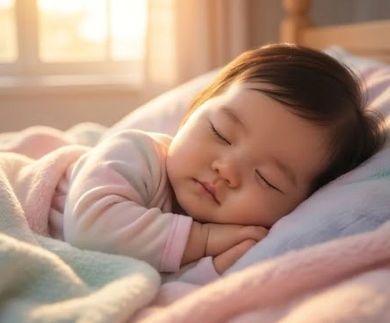 Một bé gái sơ sinh ngủ say sưa với nụ cười mỉm trên môi trong giấc mộng