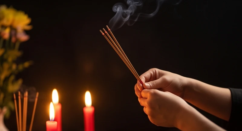 Đôi bàn tay chắp thành kính dâng nén tâm hương trong buổi lễ cúng sao giải hạn