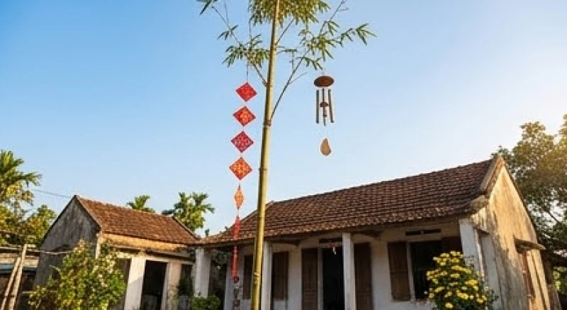 Cây nêu ngày Tết treo các vật phẩm phong thủy màu đỏ được dựng trước sân nhà