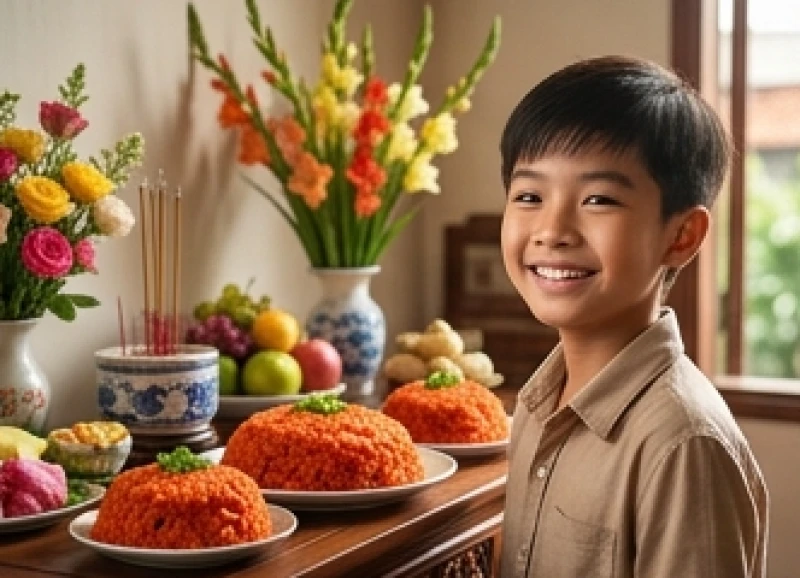 Nụ cười tươi tắn của bé trai 12 tuổi bên mâm cúng dứt Mụ rực rỡ màu sắc