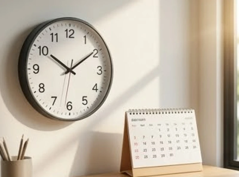 Đồng hồ treo tường điểm giờ chiều bên cạnh cuốn lịch bàn gợi nhớ về mốc thời gian sự cố