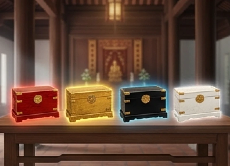 Bốn chiếc quan tài nhỏ mang màu đỏ, vàng, đen và trắng tỏa ra những luồng năng lượng phong thủy