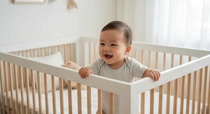 Em bé trai khỏe mạnh rạng rỡ nằm trong nôi sạch sẽ tượng trưng cho năng lượng dương và cơ hội thăng tiến
