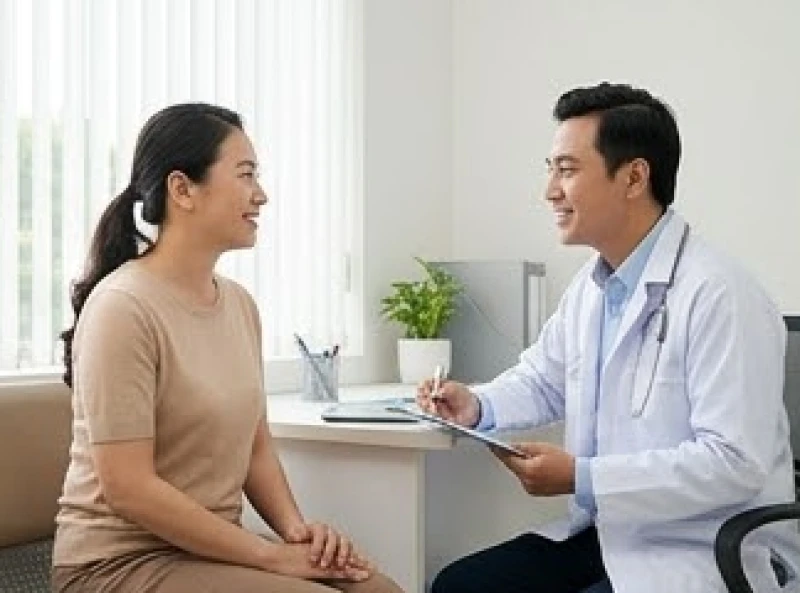 Bệnh nhân đang trò chuyện thoải mái cùng bác sĩ trong không gian phòng khám ngập tràn ánh sáng
