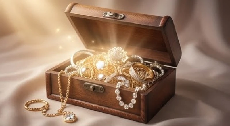 Mơ thấy trang sức là điềm gì: Giải mã chi tiết & con số may mắn 1 Chiếc hộp đựng đầy trang sức vàng bạc và đá quý lấp lánh phản chiếu ánh sáng