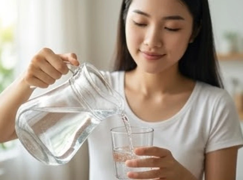 Người phụ nữ rót nước lọc từ bình thủy tinh mát lạnh đại diện cho việc gột rửa tâm trí
