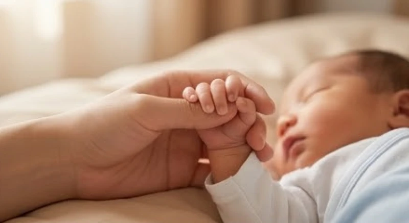 Bàn tay người lớn ân cần nắm lấy tay trẻ sơ sinh đại diện cho sự nảy nở của tài lộc