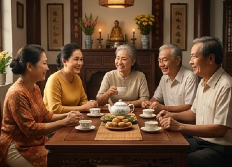 Đại gia đình quây quần ấm áp bên bàn trà chia sẻ niềm vui tài lộc tràn đầy