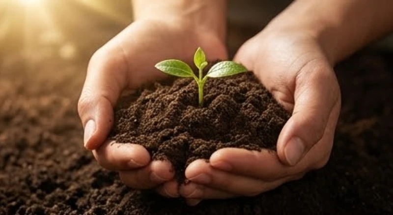 Một nhúm đất phù sa màu mỡ được nâng niu trên tay bao quanh bởi những mầm cây xanh tươi tắn