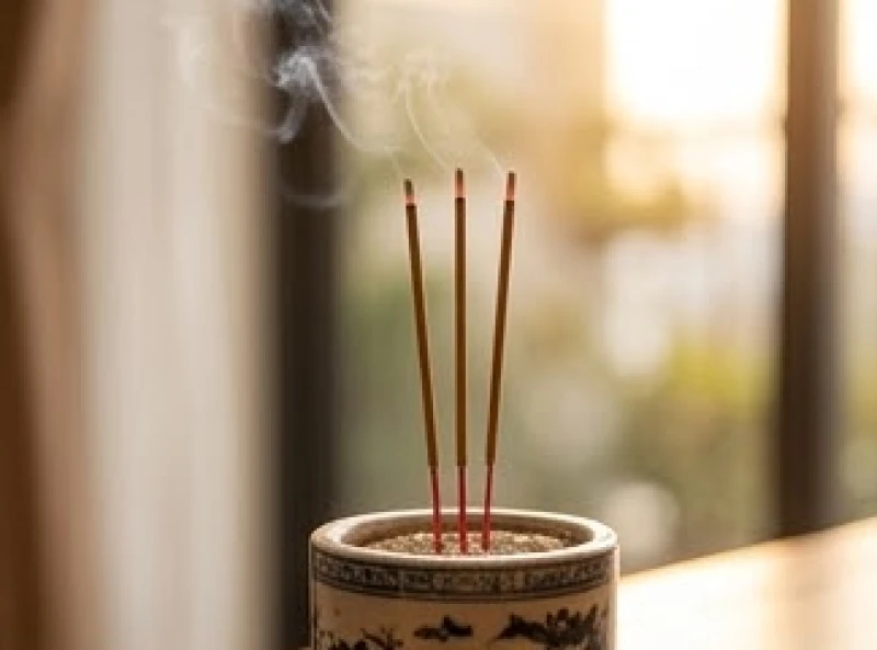 Nén hương đang cháy tỏa khói mỏng trên ban thờ tượng trưng cho lòng biết ơn dịp cuối tháng