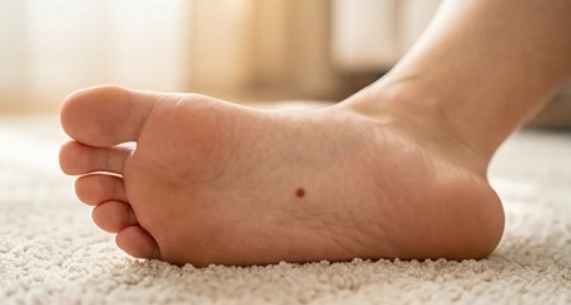 Nốt ruồi giữa lòng bàn chân: Ý nghĩa tướng số và kiểm tra ABCDE 1 Cận cảnh nốt ruồi ở giữa lòng bàn chân của một người trưởng thành đang ngồi thư giãn