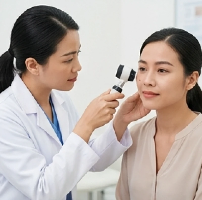 Nốt ruồi ở má phải: Ý nghĩa nam nữ, vị trí & chi phí tẩy Laser 1 Nữ bác sĩ da liễu đang soi da để kiểm tra nốt ruồi ở má phải cho khách hàng
