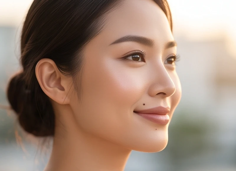 Góc nghiêng khuôn mặt người phụ nữ có nốt ruồi duyên dáng ở vùng môi trên