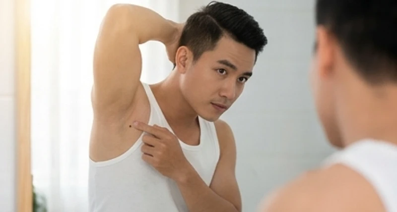 Nam giới mặc áo ba lỗ trắng, xem xét nốt ruồi ở nách nam qua gương để đối chiếu các đặc điểm phong thủy cơ bản